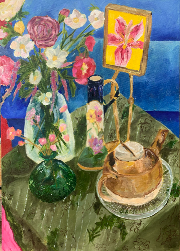 Still life painting with flowers, ceramic pitcher, and teapot on a green tablecloth.